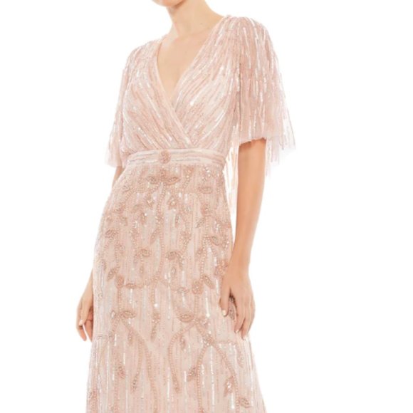 MAC DUGGAL 9064 CAPE SHORT SLEEVE FAUX WRAP BODICE BLUSH TRUMPET GOWN sz 14 - Picture 6 of 8